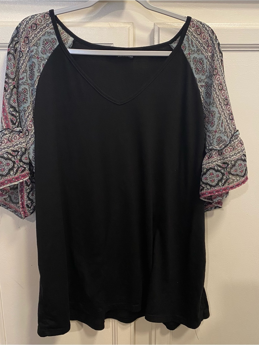 BloomChic Black Tee with Paisley Print Raglan Sleeves